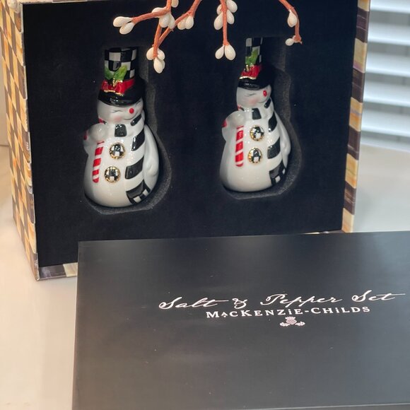 MacKenzie-Childs Courtly Check Snowman Salt & Pepper Set – New in Keepsake Box - Picture 5 of 12